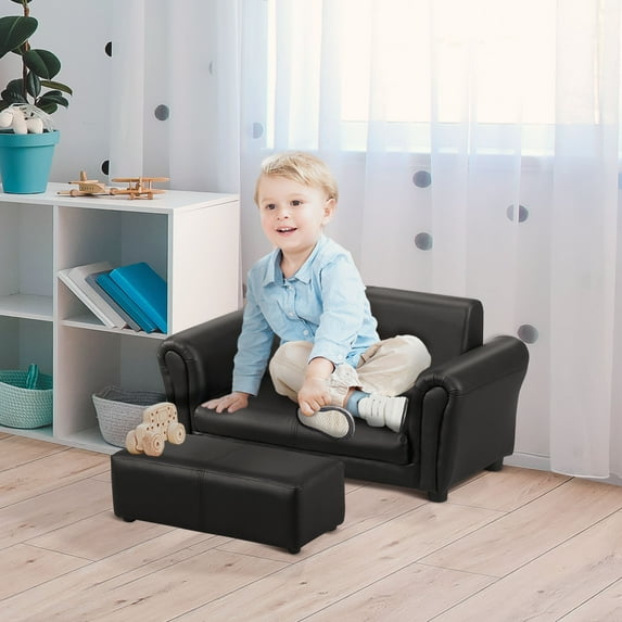 Qaba Kids Sofa Set with Footstool for Toddlers and Babies, Black
