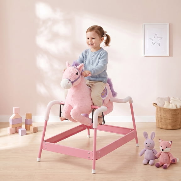 Qaba Kids Spring Rocking Horse, Ride on Horse with Neighing Sounds, Plush Animal Ride on Toy with Covered Spring, Wide Base for Ages 3+ Years, Pink