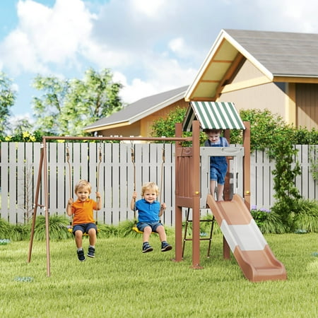 Qaba Kids Swing Set for Backyard, Playground Set with 6 FT Slide, 2 Adjustable Swings, Fort with Canopy, Ground Stakes for Ages 3-8, Brown