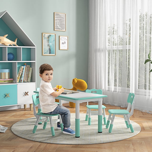 Qaba 5-Piece Adjustable Kids Table & Chair Set, Green, Sturdy, Easy to ...