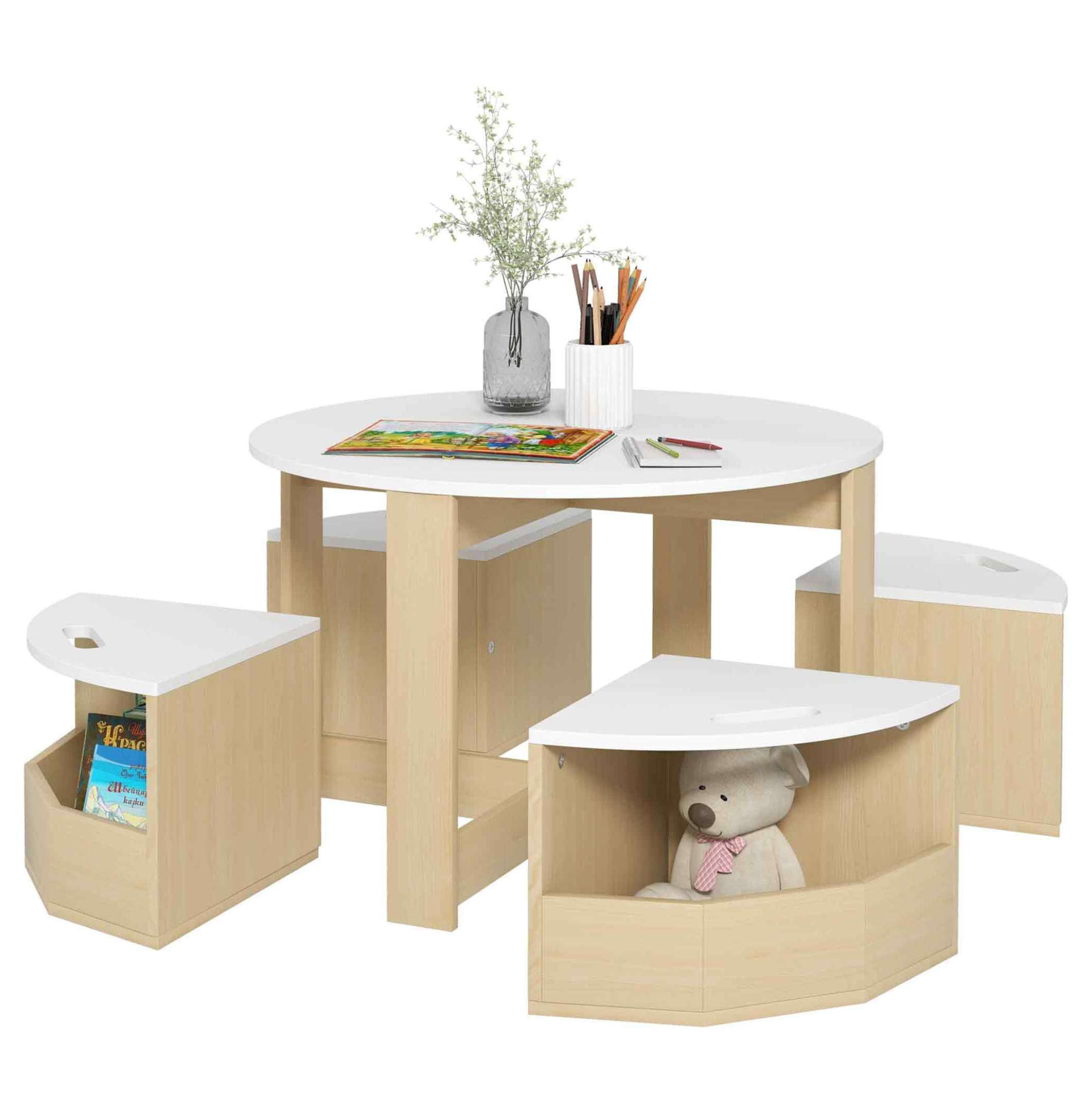 Qaba Kids Table and Chairs Set, 5 Piece Toddler Table and Chairs Set with Storage for Art, , Drawing, Playroom, Classroom, , White