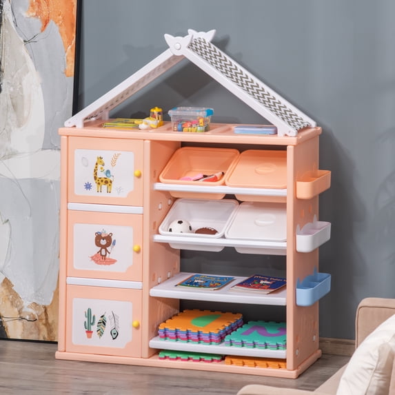 Qaba Kids Toy Storage Organizer with 4 Bins, Storage Cabinets, Bookshelf and 4-Layers Toy Collection Shelves, Orange