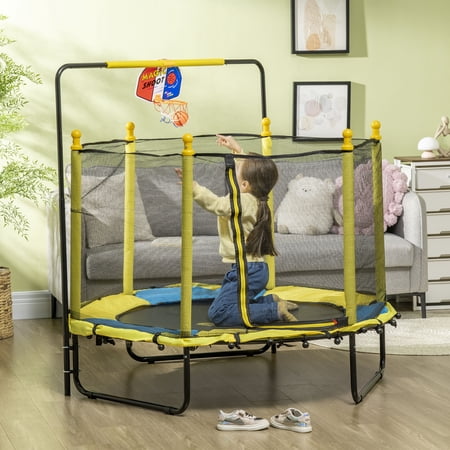 Qaba Kids Trampoline with Net, Basketball Hoop, Horizontal Bar Indoor