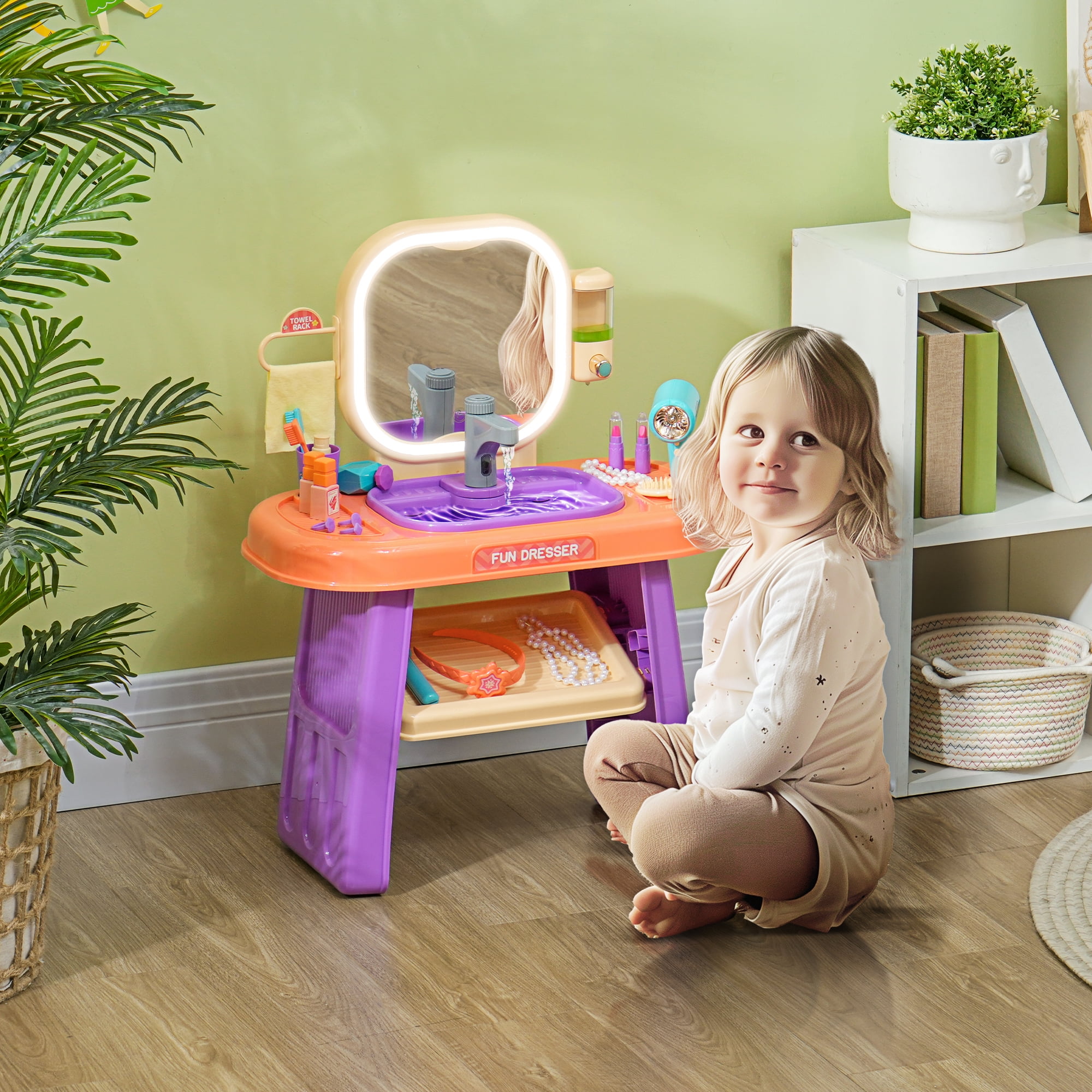 Qaba Kids Vanity Set, Toddler Makeup Table with Faucet, Mirror, LED ...