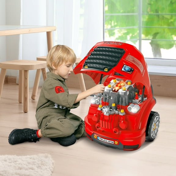 Qaba Mechanic Kids Truck Engine Toy Set, Car Service Play Set, Red
