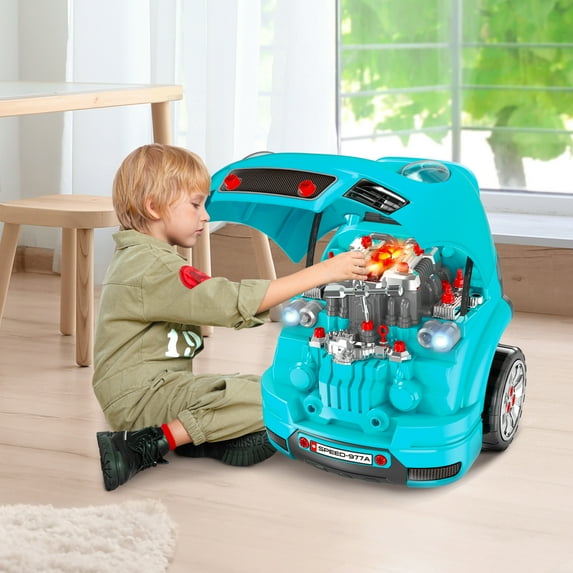 Qaba Mechanic Kids Truck Engine Toy Set, Car Service Playset, Engine Disassembly Play Workshop, 61 Pieces, Steering Wheel, Horn for 3-5 Years , Teal