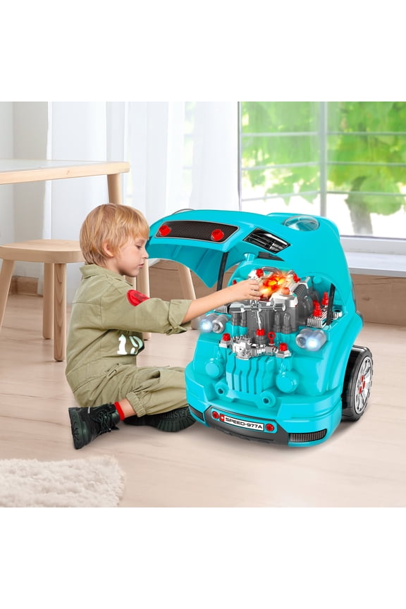 Mechanic Kids Truck Engine Toy Set, Car Service Playset, Engine Disassembly Play Workshop, 61 Pieces, Steering Wheel, Horn for 3-5 Years , Teal
