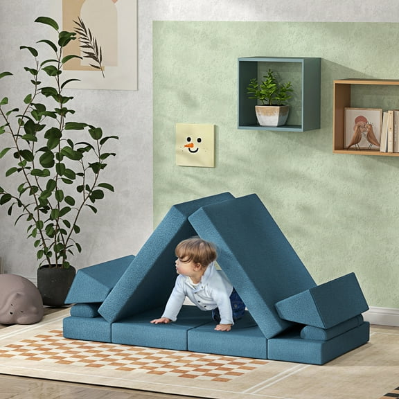 Qaba Modular Kids Play Couch, 12 Pcs Kids Couch Child Sectional Sofa, Playroom Bedroom Furniture for Boys and Girls, Blue