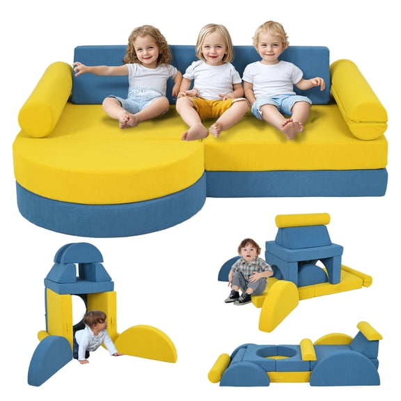 Qaba Modular Kids Play Couch, 14 Piece Kids Couch, Child Sectional Sofa for Playing, Sitting & Sleeping, Convertible Foam Floor Cushions for Boys & Girls, Yellow
