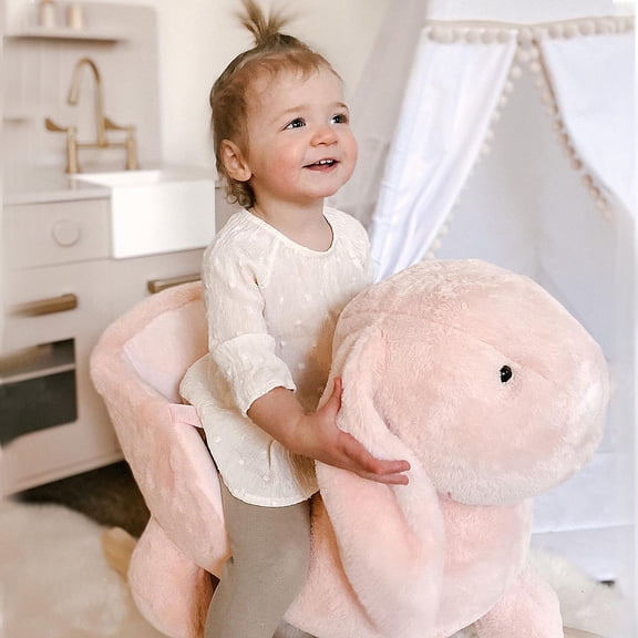 Qaba Pink Plush Rabbit Rocking Horse with Sound & Seatbelt, Wooden Base for Ages 18-36 Months, Safe & Durable Indoor Play Toy, 23.5" L x 13" W x 19.75" H