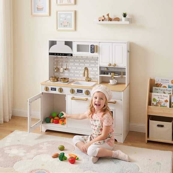 Qaba Play Kitchen, Kids Kitchen Playset with Sink, Stove, Coffee Maker, Ice Maker, Oven, Clicking Knobs, Storage, Kitchen Accessories for 3-8 Years
