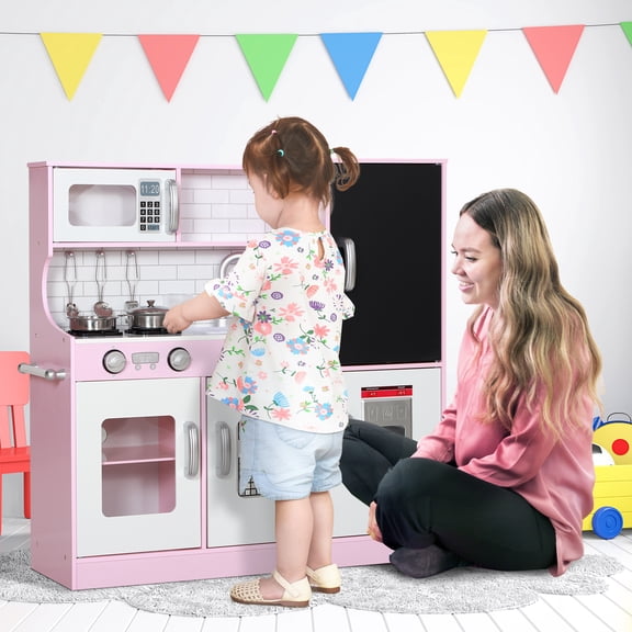 Qaba Play Kitchen, Pretend Kids Kitchen Playset with Play Phone, Chalkboard, Towel Rack, Ice Maker, 5 Accessories, Storage Space & Microwave, Pink