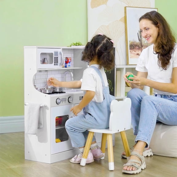 Qaba Play Kitchen, Pretend Kids Kitchen Playset with Play Phone, Chalkboard, Towel Rack, Ice Maker, 5 Accessories, Storage Space & Microwave, White