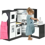 Qaba Play Kitchen Set for Kids W/ Apron and Chef Hat, Ice Maker, Brown