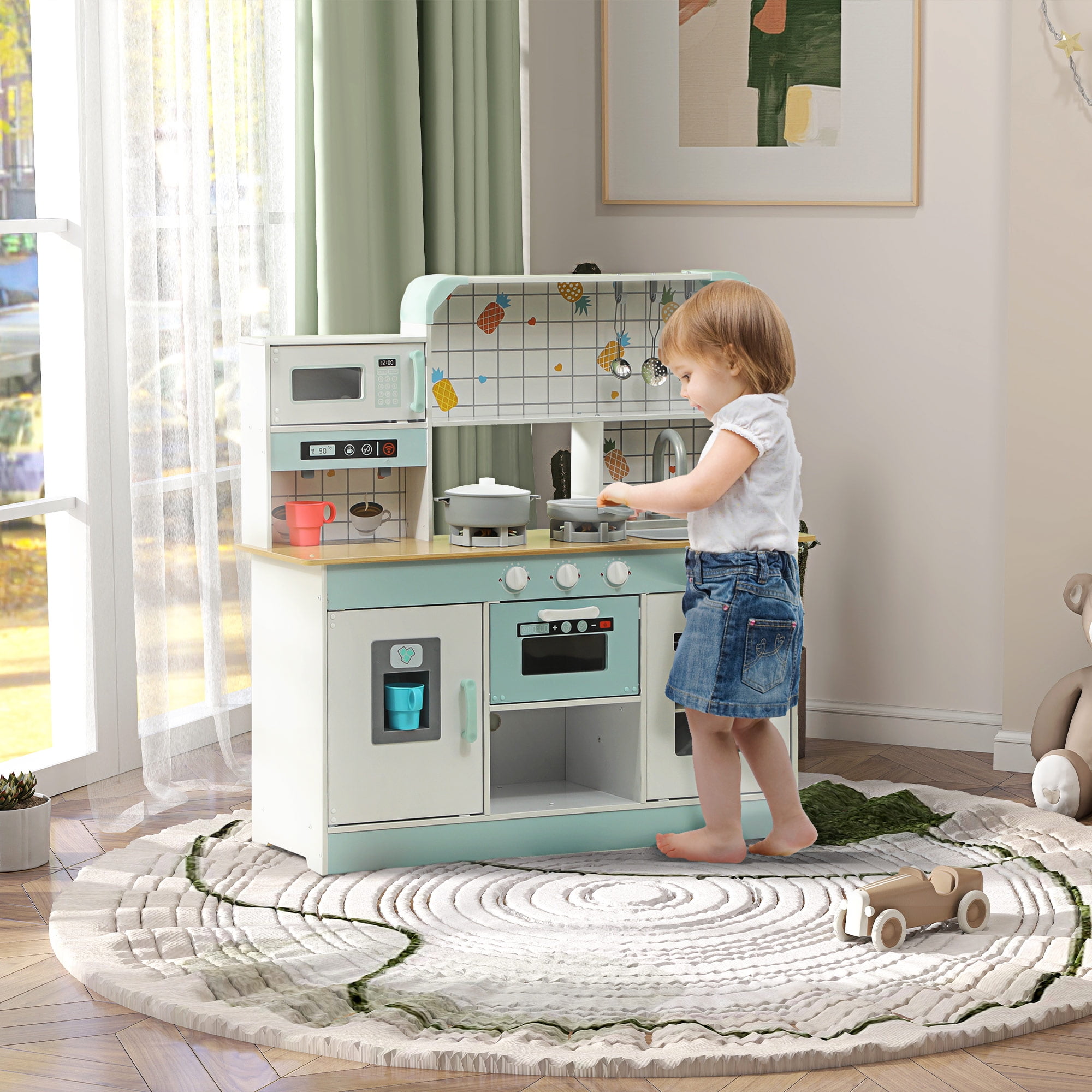 Qaba Kids Corner Play Kitchen With Lights, Sounds & Chalkboard | Includes Ice Maker, Sink & Pots, For Ages 3+ 3 thumbnail image