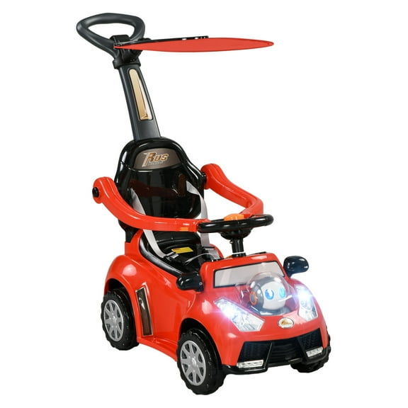 Qaba Push Car for Kids 1-3 Years, 3 in 1 Ride on Sliding Car, Foot to Floor Baby Push Car with Removable Handle, Music, Horn, Canopy, Safety Guardrail for Boys and Girls, Red