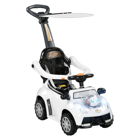 Qaba Push Car for Kids 1-3 Years, 3 in 1 Ride on Sliding Car, Foot to Floor Baby Push Car with Removable Handle, Music, Horn, Canopy, Safety Guardrail for Boys and Girls, White