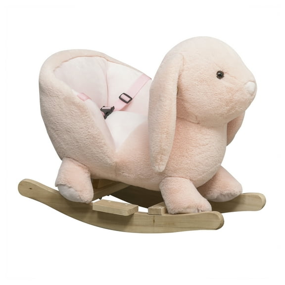 Qaba Rabbit Wooden Rocking Horse with Simulated Sound, Wooden Base, Seat Belt, Plush Stuffed Rocking Chair for Baby, Toddler, 18-36 Months, Pink
