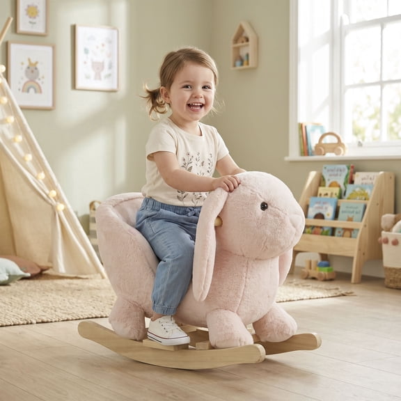 Qaba Rabbit Rocking Horse for Toddlers, Plush Bunny Ride On Toy with Sound Button, Wooden Base, Seat Belt, Steel Frame, Pink, 18-36 Months