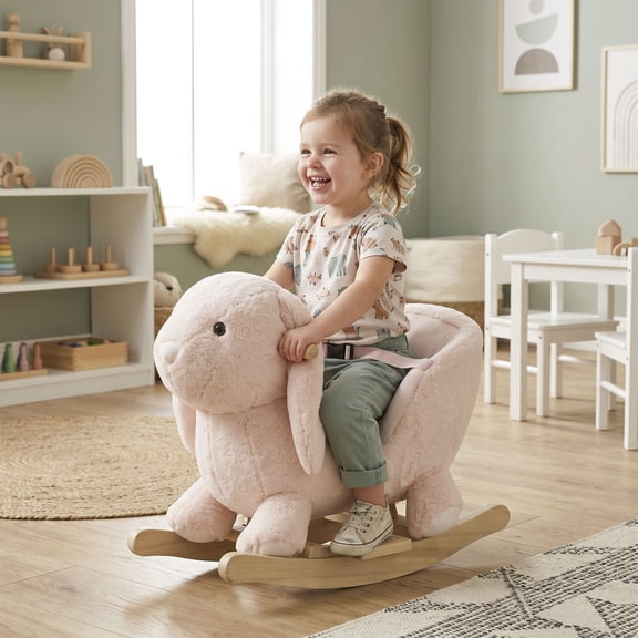 Qaba Rabbit Wooden Rocking Horse with Simulated Sound, Wooden Base, Seat Belt, Plush Stuffed Rocking Chair for Baby, Toddler, 18-36 Months, Pink