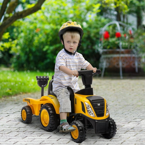 Qaba Ride-On Excavator for Kids, Caterpillar Licensed Ride-On Construction Toy with Shovel & Trailer, No Power Ride-on Tractor for 18-36 Months