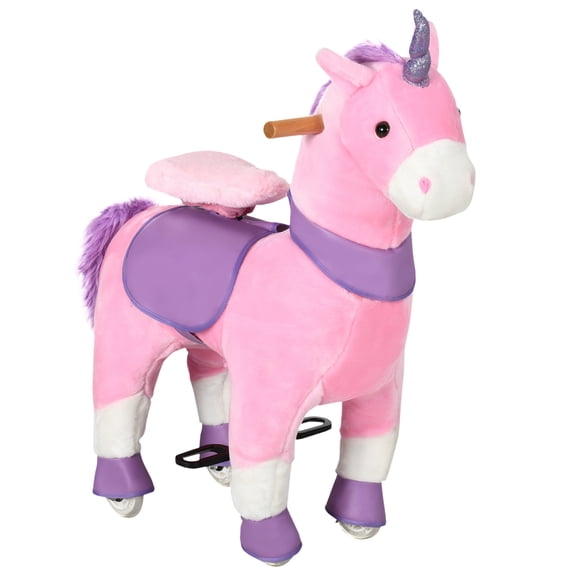Qaba Ride On Real Walking Unicorn for Kids 3-6, Pink Plush Rocking Horse with Sparkly Horn, Steel Frame Supports 176lbs, Interactive Toy for Imaginative Play