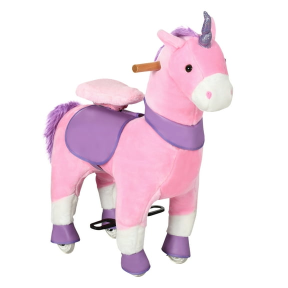 Qaba Ride On Real Walking Unicorn with Sparkly Horn, Soft Plush Ride On Rocking Horse Bearing 176lbs, Imaginative Interactive Toy for Kids, Unicorn Gifts