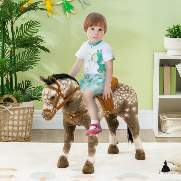Qaba Ride on Horse, Riding Horse with Neighing Sound, Saddle, Ride on Animal for Kids Boys Girls 3-8 Years Old, Brown