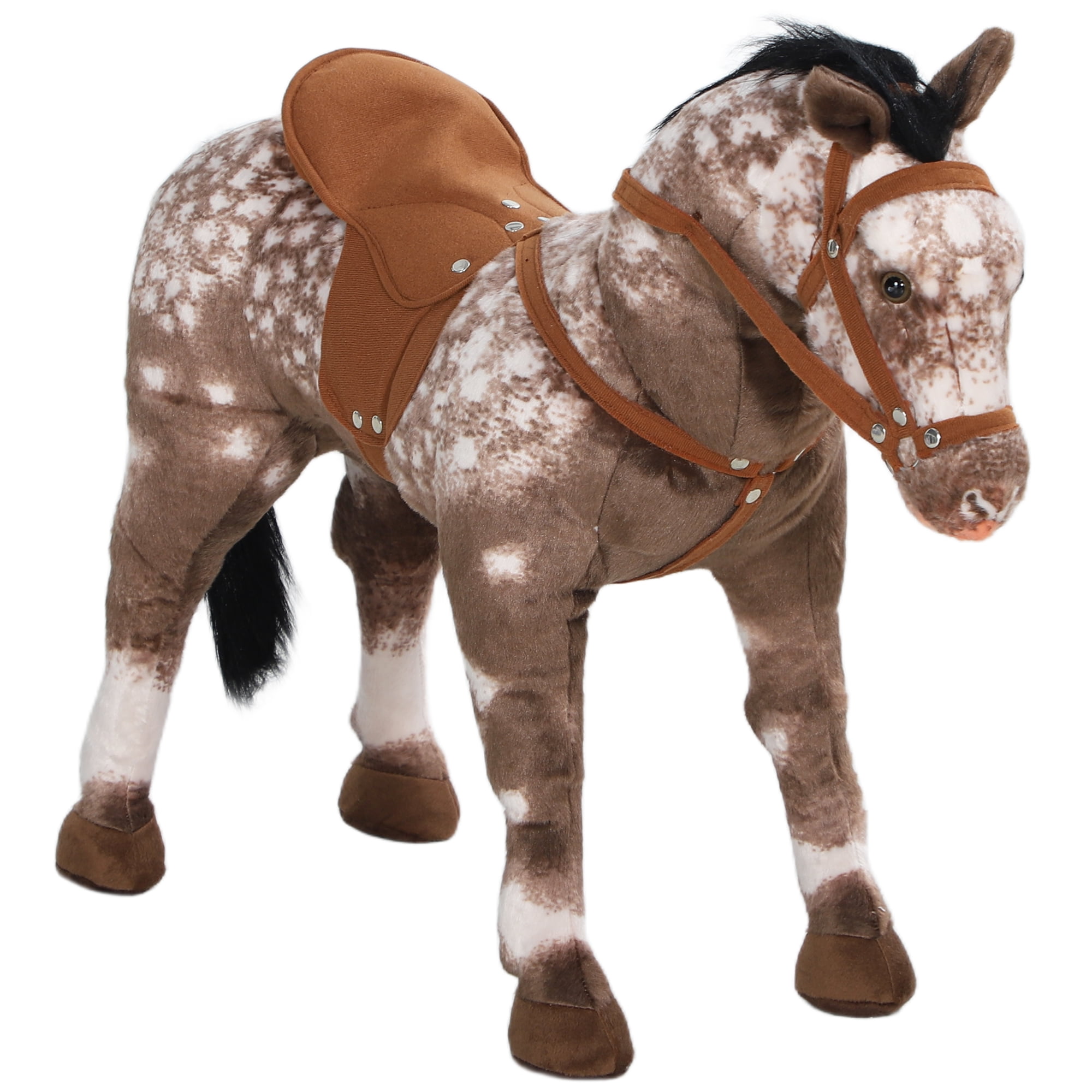 Qaba Ride on Horse, Riding Horse with Neighing Sound, Saddle, Stirrups, Ride on Animal for Kids Boys Girls 3-8 Years Old, Brown