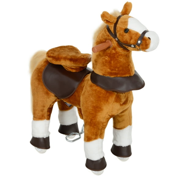 Qaba Ride on Horse, Walking Horse Toy, Kids Plush Riding Horse, Pony with Wheels & Neighing Sound for 3-5 Years Old up to 132 Pounds, Brown