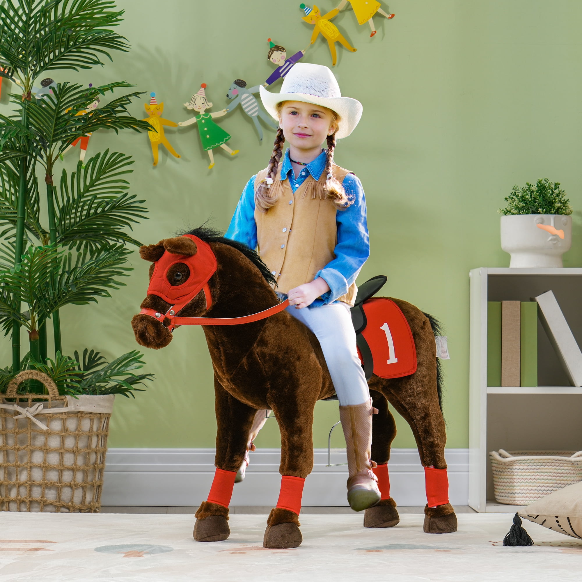 Qaba Ride on Horse for Kids 3-8 Years Old, Toddlers Riding Horse with Neighing Sound, Ride on Animal Pony Toy with Saddle & Stirrups