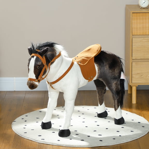 Qaba Ride On Horse for Kids Ages 3-8, Plush Riding Horse Toy with Neighing Sound, Saddle, Footrest, Steel Frame, Brown