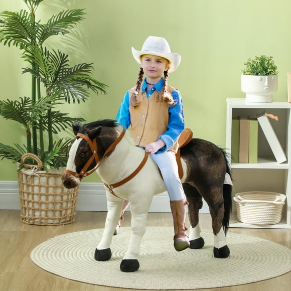 Qaba Ride on Horse for Toddlers 3-8 Years Old, Riding Horse with Neighing Sound, Stuffed Animal Horse Toy for Kids with Padding, Brown
