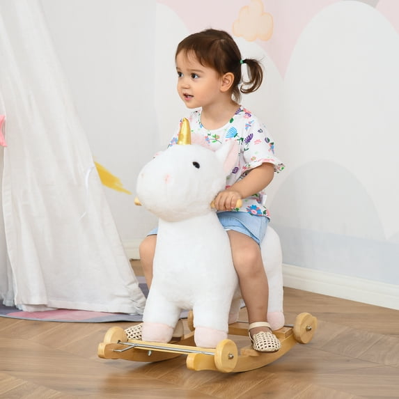 Qaba Rocking Horse, 2 in 1 Kids Ride on Horse, Rolling Unicorn with Sound, Wooden Base, Pedal, Grip Handle, Plush Riding Pony for 3-6 Years Old, White