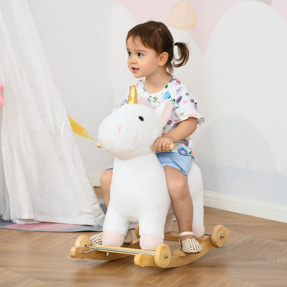 Qaba Rocking Horse, 2 in 1 Kids Ride on Horse, Rolling Unicorn with Sound, Wooden Base, Pedal, Grip Handle, Plush Riding Pony for 3-6 Years Old, White