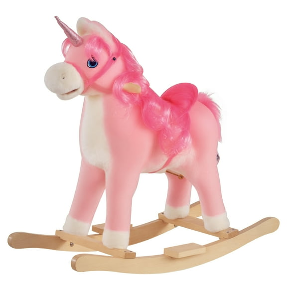 Bikes Qaba Rocking Horse, Ride on Horse Unicorn Design with Wooden Base, Tail Wag & Sounds for Toddlers 3-6 Years Old, Pink, Riding Toys