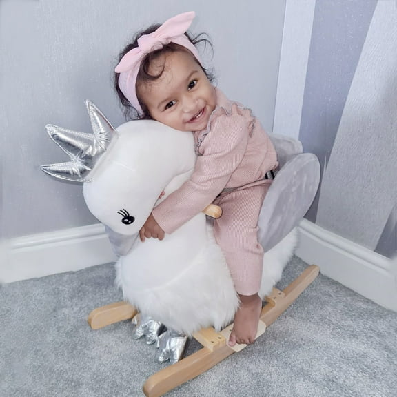 Qaba Rocking Horse, Kids Ride on Horse Swan Rocker with Sound, Plush Seat, Wooden Base, Safety Belt for Toddlers 18-36 Months, White