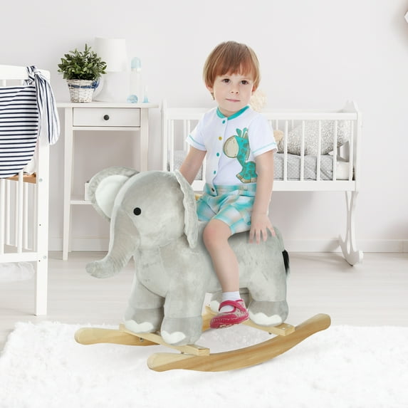 Qaba Rocking Horse, Kids Rocking Animal, Elephant Rocker with Realistic Sounds, Plush Ride on Toy for Years 2-4, Gray