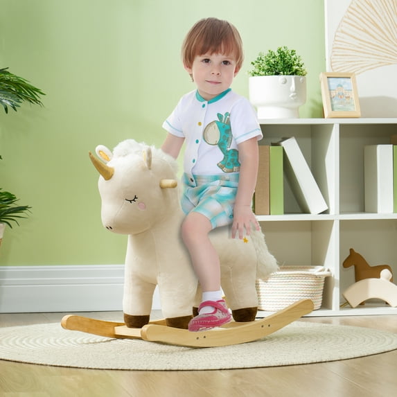 Qaba Rocking Horse, Kids Rocking Animal, Plush Ride on Unicorn with Realistic Sounds & Wooden Base for Years 2-4, White