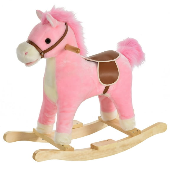 Qaba Rocking Horse Plush Animal On Wooden Rockers,Baby Rocking Chair with Sounds,Moving Mouth,Wagging Tail,Pink,Pink Plush Toys Kids Bikes Riding Toys