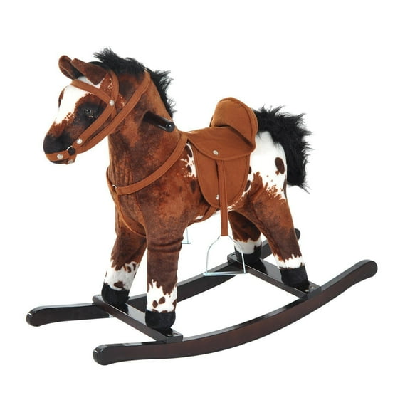 Qaba Rocking Horse Plush Ride-On Toy Nursery Rhyme Music 18-36 Months Light Brown White Perfect Gift for Toddlers