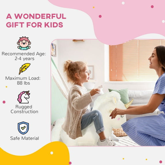 Qaba Rocking Horse,Plush Ride On Unicorn with Realistic Sound,Wooden Base,Toddler Rocking Horse for 2-4 Years,White,White Metal Toys Kids Bikes Riding Toys