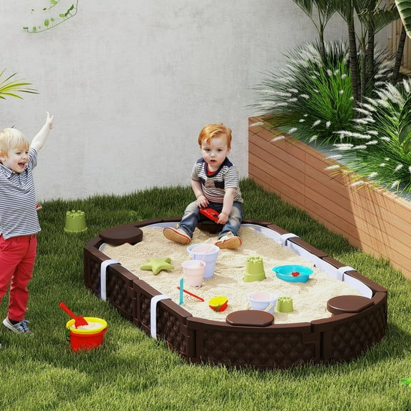 Qaba Sandbox for Kids, Outdoor Sand Pit with Cover, Built-in Seating, Bottom Liner for Backyard, Garden, 71" x 42" W x 9", Dark Brown