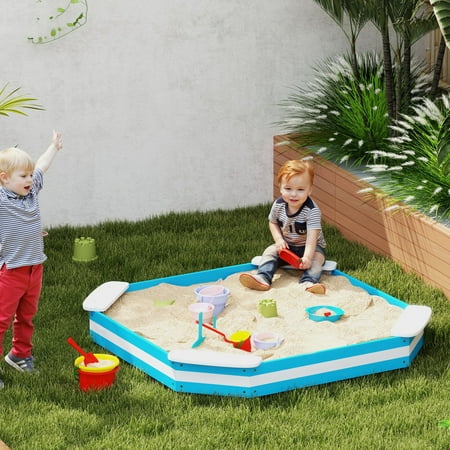 Qaba Sandbox for Kids, Outdoor Wooden Sand Pit with 4 Corner Seats, Bottom Liner for Backyard, Garden, 52" x 52" x 6", Blue