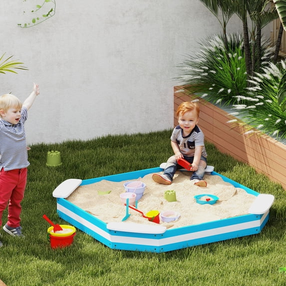Qaba Sandbox for Kids, Outdoor Wooden Sand Pit with 4 Corner Seats, Bottom Liner for Backyard, Garden, 52" x 52" x 6", Blue