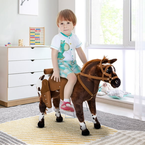 Qaba Sound-Making Ride on Horse Stuffed Animal for Kids with Padding, Stuffed Animal Horse Toy for Girls and Boys, Plush Horse Gift with Soft Feel