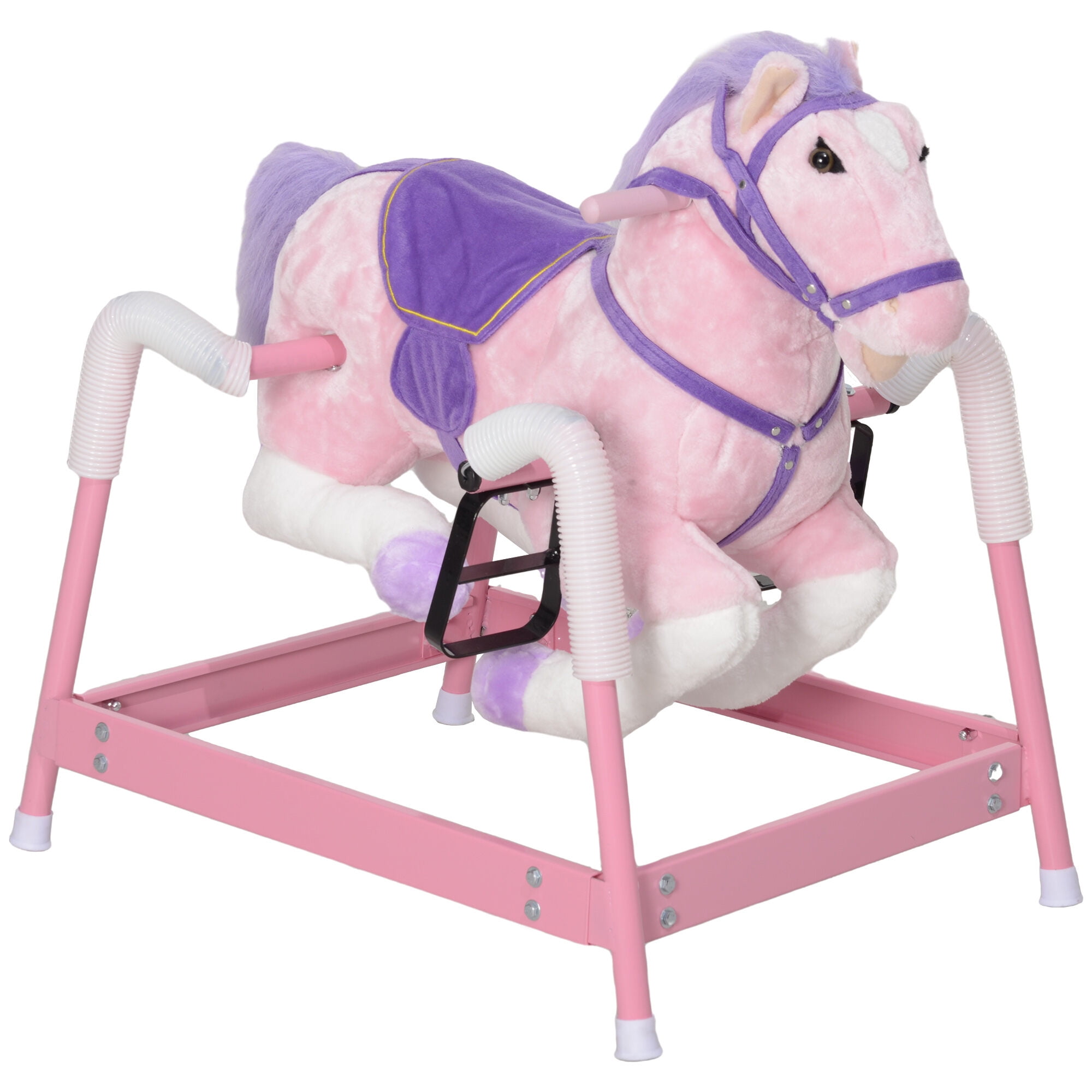Qaba Spring Rocking Horse,Kids Ride On Horse,Plush Horse Ride-On with Sounds & Foot Stirrups,Saddle for Kids 3-8 Years,Pink,Pink Plastic Toys Kids Bikes Riding Toys