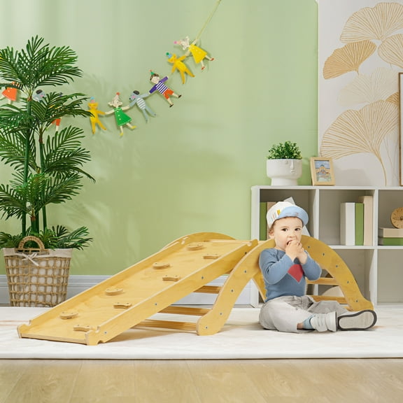 Qaba Toddler Climbing Toys Set, Indoor 4 In 1 Pikler Set with Arch Climber, Ramp & Cushion, Wooden Montessori Climbing Set, Wood