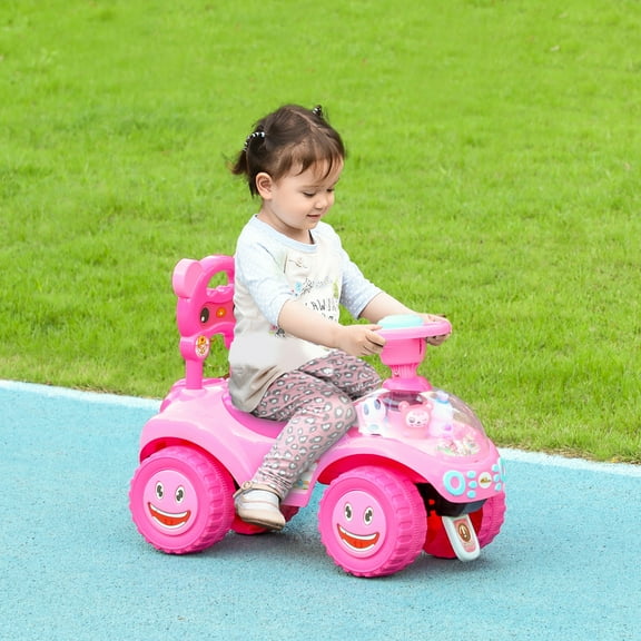 Qaba Toddler Push Car, Foot to Floor Ride on Car with Horn, Light, Music, Steering Wheel, Anti-Over-Backwards Device & Under Seat Storage, Pink