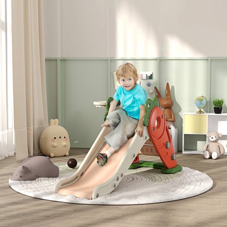 Qaba Toddler Slide, 3 in 1 Indoor Slide for Kids Age 1-3 Years, Foldable Carrot-themed Baby Slide with Basketball Hoop, Orange